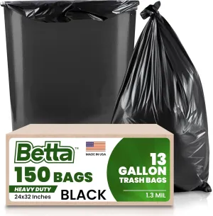 13 Gallon Black Trash Bags, 150 Count Box, (24x32-inch) Commercial Heavy-Duty Garbage Can Liners for 10-13 Gallon Round Cans, 8-12 Gallon Slim and Square Cans