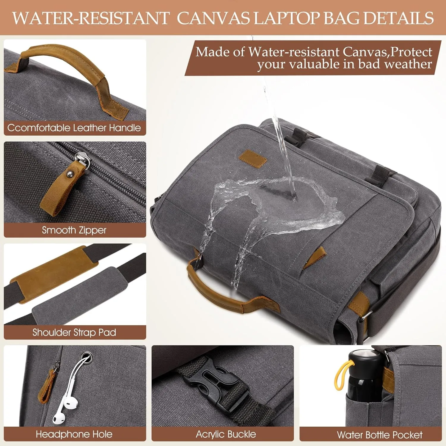 17.3 Inch Messenger Bag for Men: 2PCS Laptop Bag PU Leather Canvas Work Briefcase Large Office
