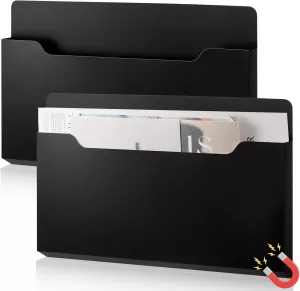 2 Pack Magnetic File Holder Large Magnetic Pocket Wall Hanging File Folder Organizer Paper Mail Letters Office Supplies for Refrigerator Whiteboard Storage Cabinets(Black Color,Horizontal)