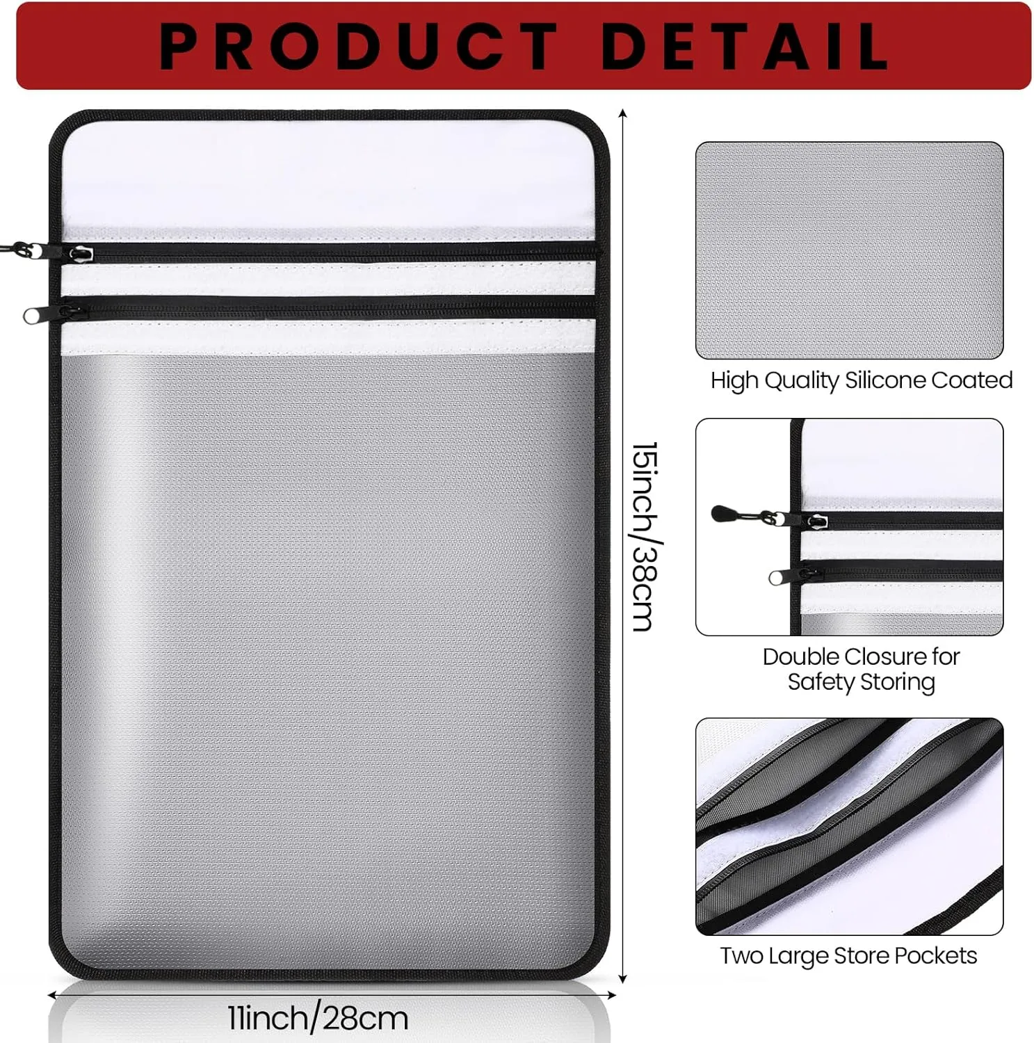 2 Packs Fireproof Document Bag with 2 Pocket 15" x 11" Waterproof Document Pouch 2000℉ Fireproof Money Bag for Cash Envelopes for Documents Cash Legal