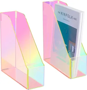 2 Pcs Iridescent Vertical Magazine File Holder Acrylic Magazine Holder Storage Magazine Organizer Plastic Clear Acrylic Magazine Rack for Office Classroom Home Document Paper Book Collection
