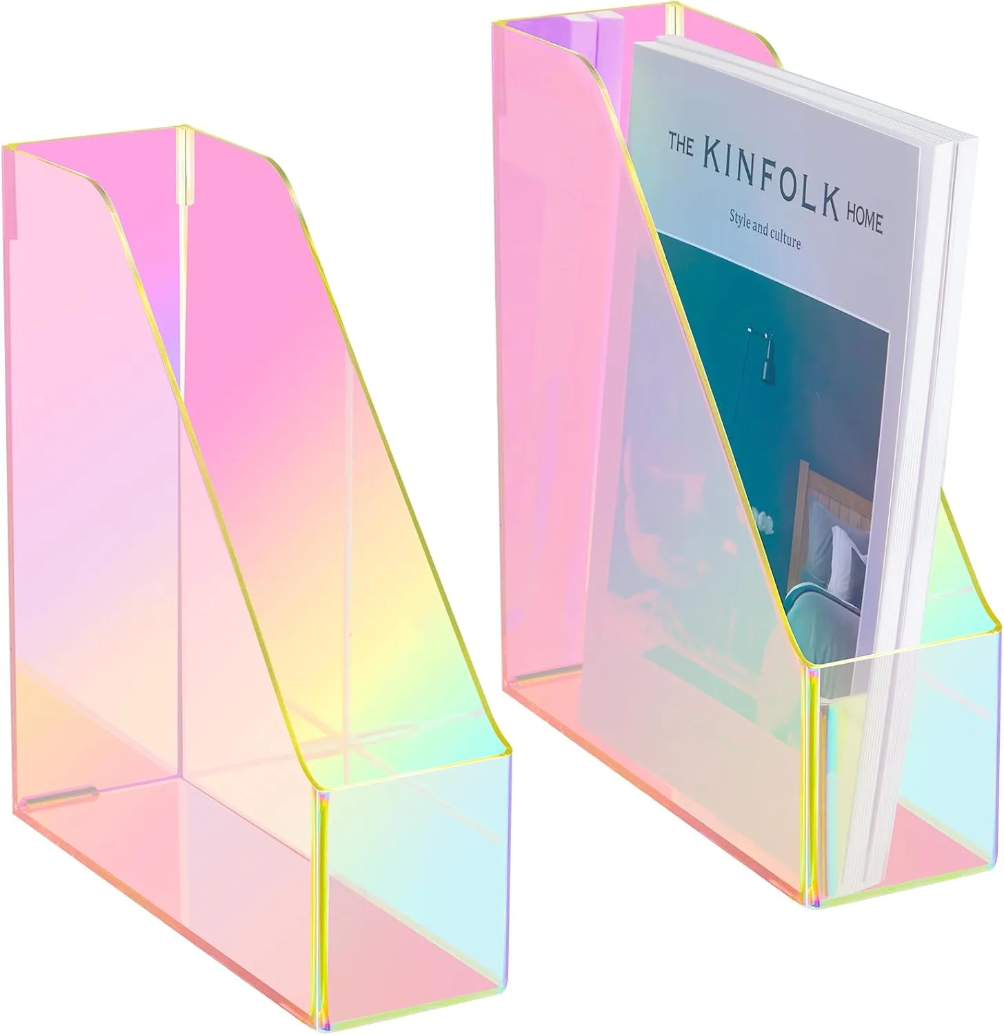 2 Pcs Iridescent Vertical Magazine File Holder Acrylic Magazine Holder Storage Magazine Organizer Plastic Clear Acrylic Magazine Rack for Office Classroom Home Document Paper Book Collection