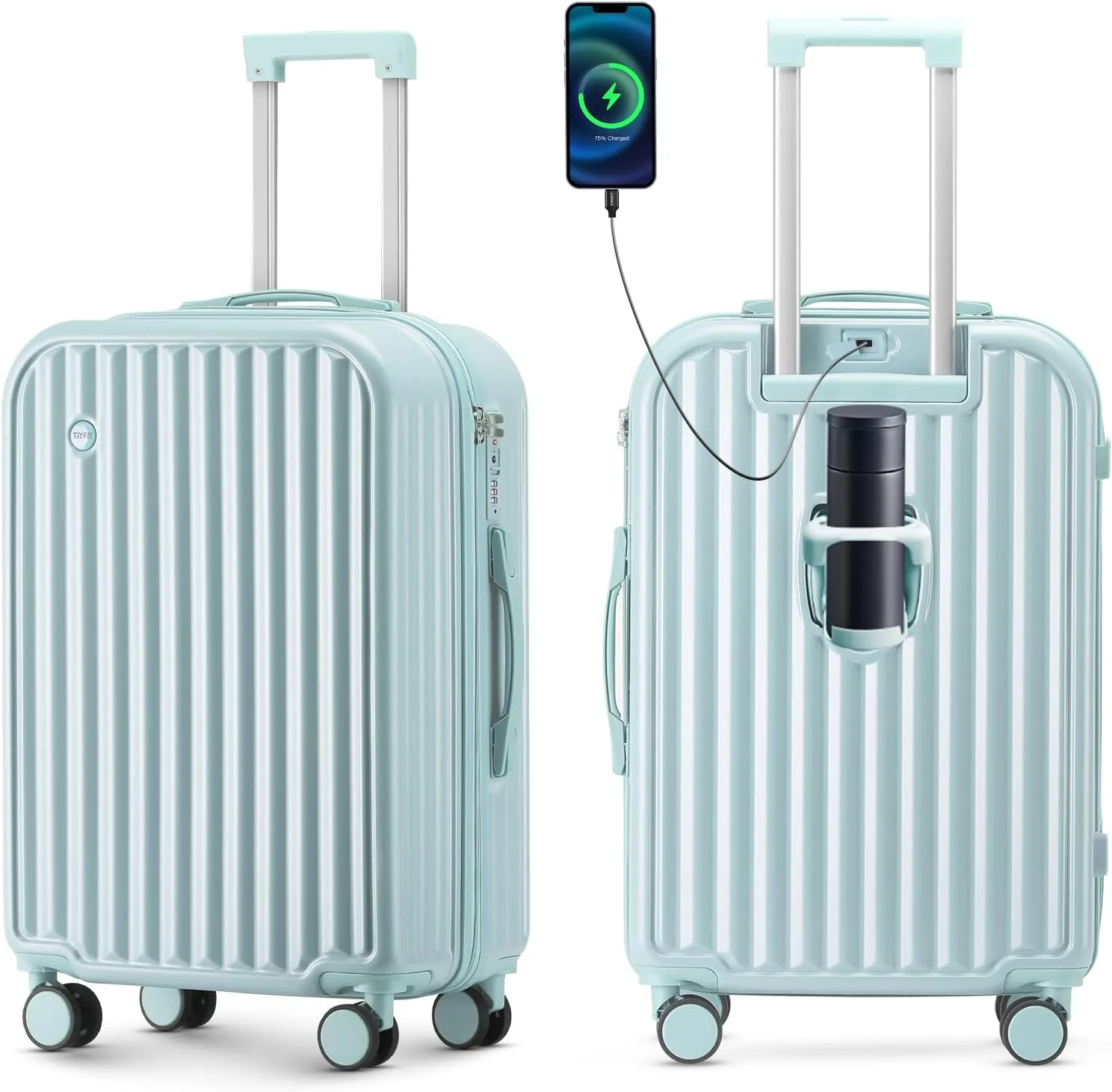 24in Hardside Luggage with Spinner Wheels and Built-in TSA Lock Durable Suitcase Rolling Luggage with USB Port Cup Holder (Blue)