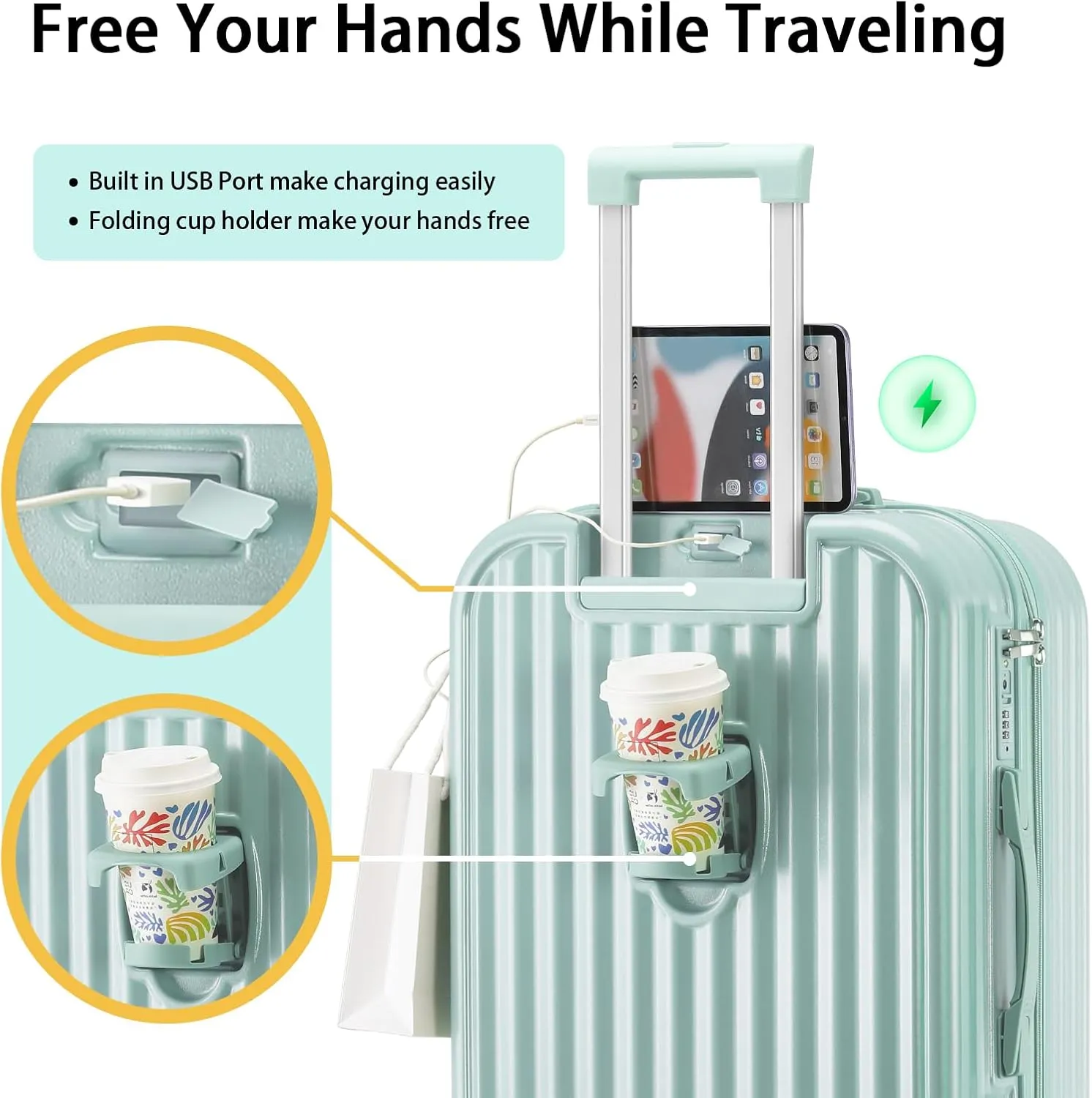 24in Hardside Luggage with Spinner Wheels and Built-in TSA Lock Durable Suitcase Rolling Luggage with USB Port Cup Holder (Blue)