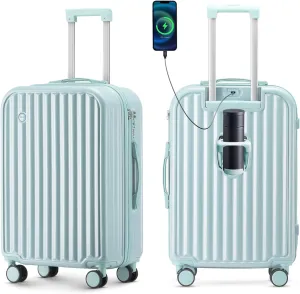 24in Hardside Luggage with Spinner Wheels and Built-in TSA Lock Durable Suitcase Rolling Luggage with USB Port Cup Holder (Blue)