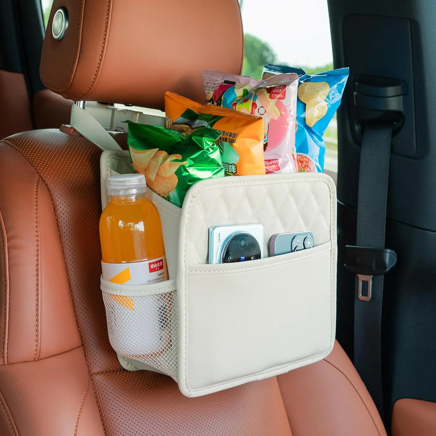 2Pack Car Seat Back Hanging Bag Car Document Holder Multi-Pocket Bottle Bag Storage Box Organizer Travel Tidy Pouch Pocket Kids Beige