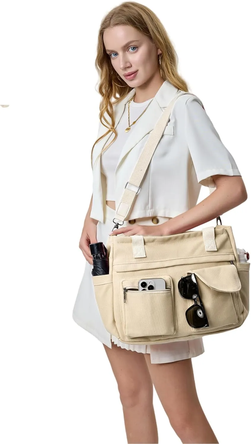 2Pcs/Set Large Canvas Tote Bag for Women, Laptop Work Bags Crossbody Shoulder Hobo Messenger Handbag Purse Travel Gym Totes