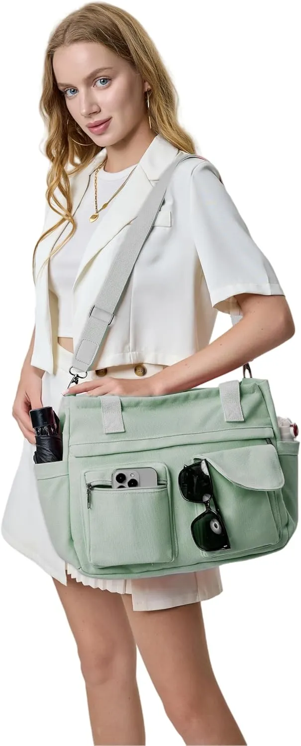 2Pcs/Set Large Canvas Tote Bag for Women, Laptop Work Bags Crossbody Shoulder Hobo Messenger Handbag Purse Travel Gym Totes
