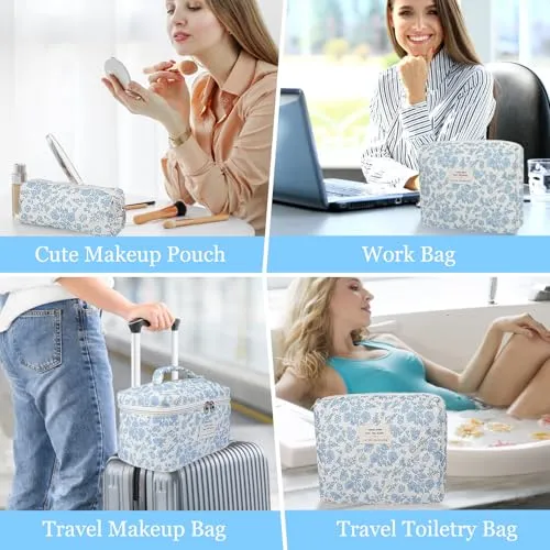 3PC Makeup Bag Set, Quilted Makeup Bag, Large Floral Cosmetic Bag for Women, Cute Cotton Makeup Bags, Flower Travel Toiletry Organizer Bag (White and Blue Bow)