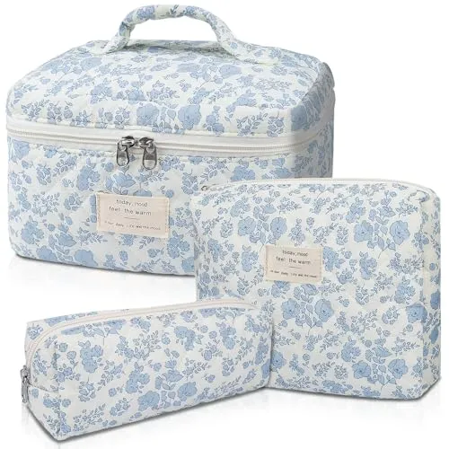 3PC Makeup Bag Set, Quilted Makeup Bag, Large Floral Cosmetic Bag for Women, Cute Cotton Makeup Bags, Flower Travel Toiletry Organizer Bag (White and Blue Bow)