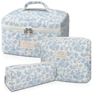 3PC Makeup Bag Set, Quilted Makeup Bag, Large Floral Cosmetic Bag for Women, Cute Cotton Makeup Bags, Flower Travel Toiletry Organizer Bag (White and Blue Bow)
