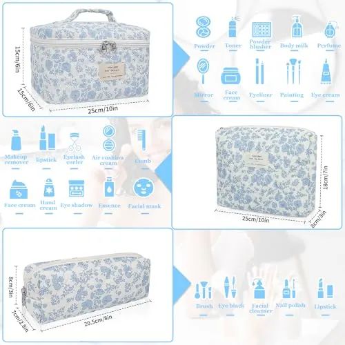3PC Makeup Bag Set, Quilted Makeup Bag, Large Floral Cosmetic Bag for Women, Cute Cotton Makeup Bags, Flower Travel Toiletry Organizer Bag (White and Blue Bow)