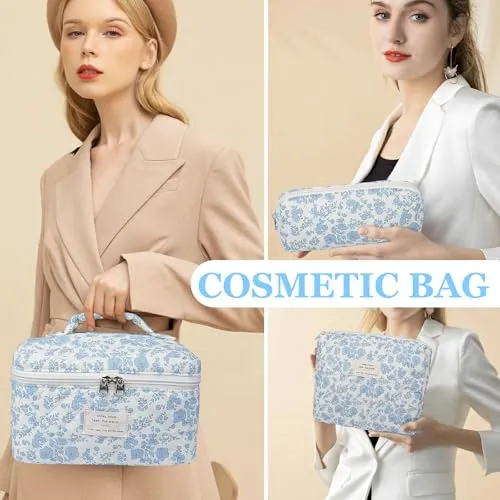 3PC Makeup Bag Set, Quilted Makeup Bag, Large Floral Cosmetic Bag for Women, Cute Cotton Makeup Bags, Flower Travel Toiletry Organizer Bag (White and Blue Bow)
