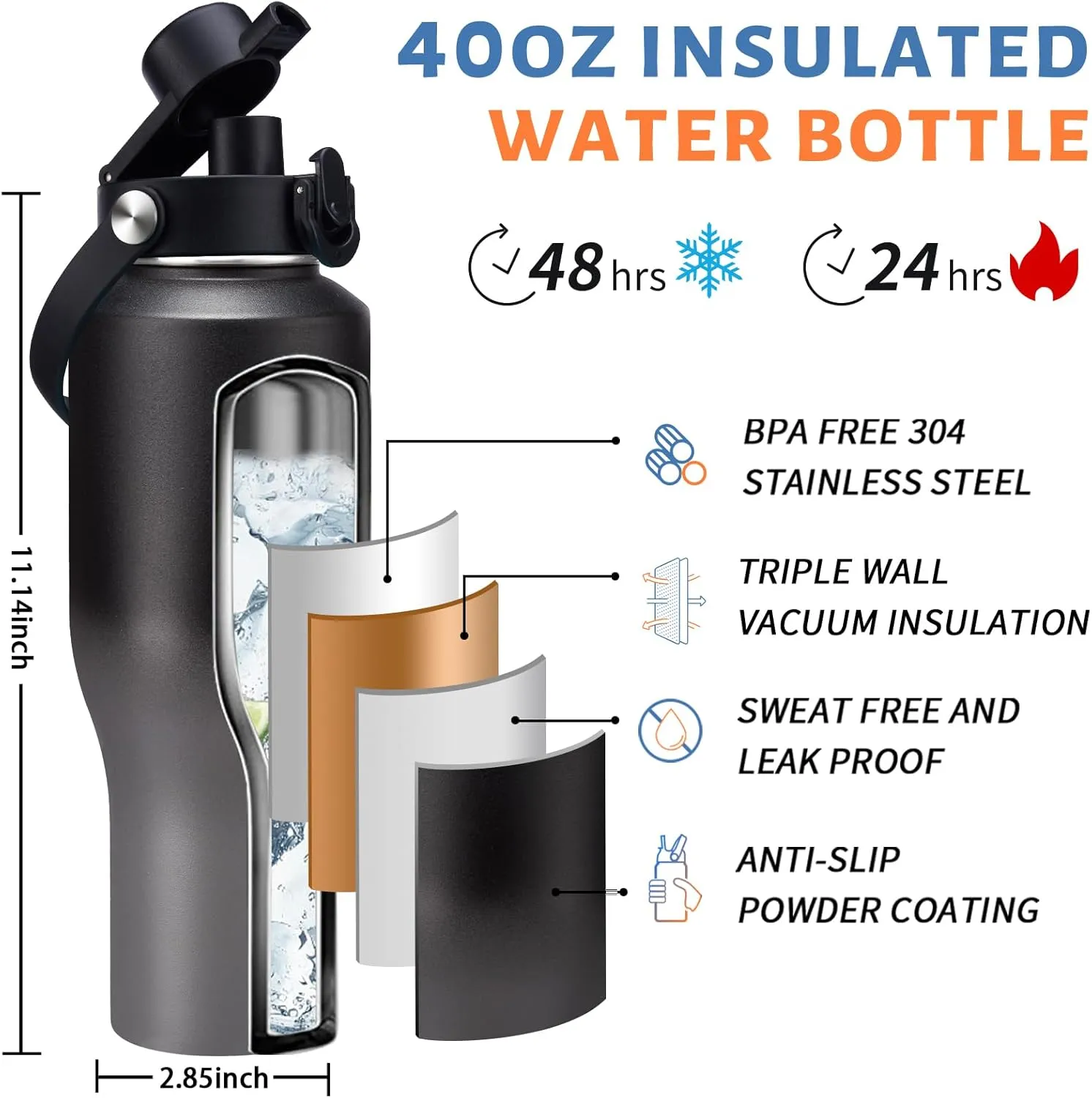 40 oz Insulated Water Bottle Fit in Car Cup Holder - 40oz Metal Water Bottle with Straw & Auto Spout Lids, Paracord Handle, Carrier Bag & Water Flask Boot, Travel Tumbler Cup Keep Cold-48h Hot-24h