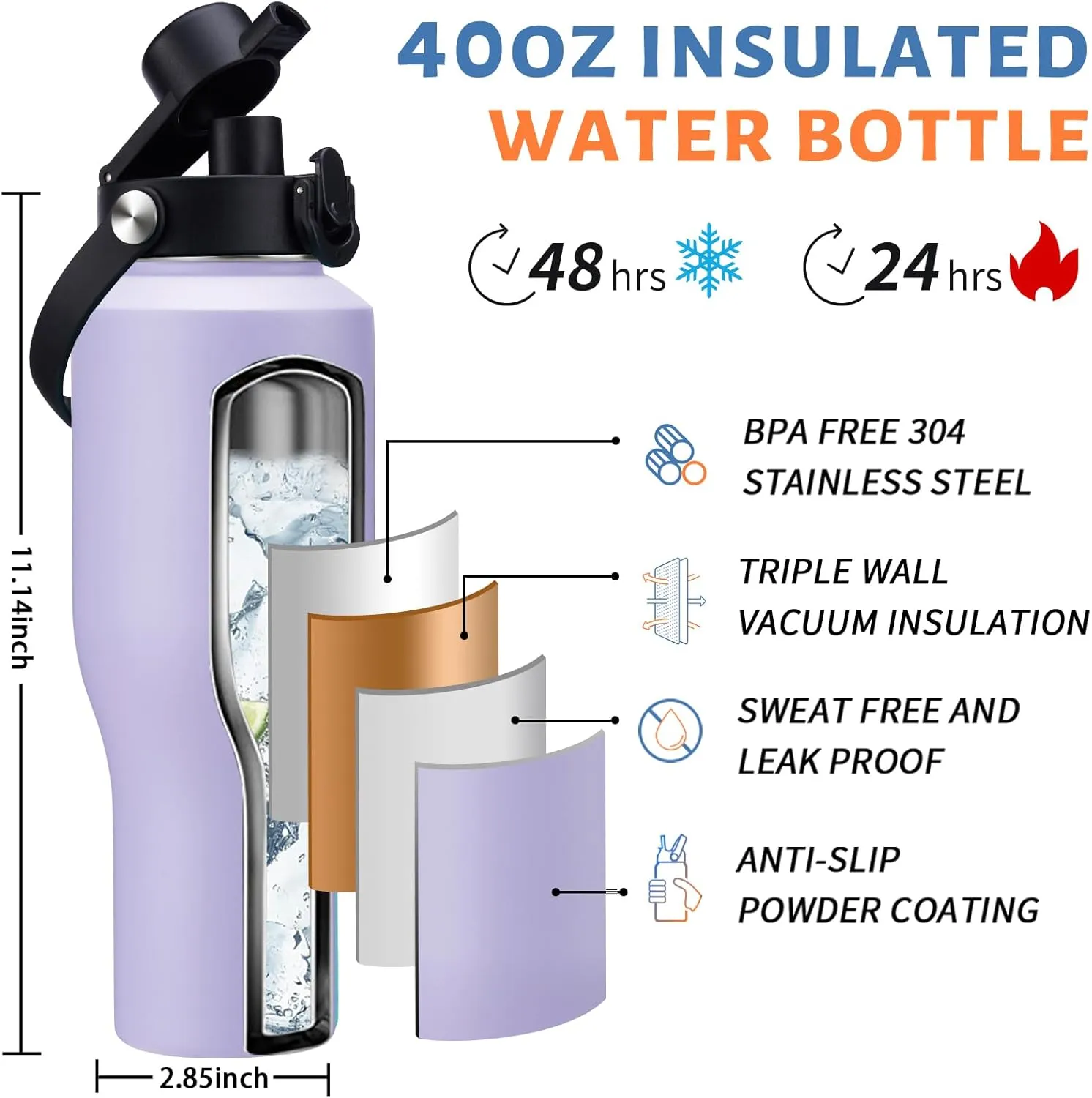 40 oz Tumbler with Lid and Straw - Stainless Steel Insulated Water Bottle w/Survival Paracord Handle & Carrier Bag, Keep Cold-48H & Hot-24H, Insulated Coffee Cups Fits in Car Cup Holder