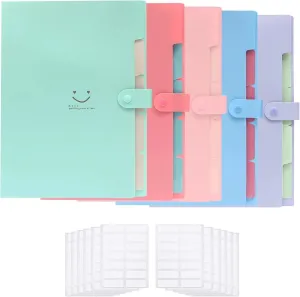 5 Pack Expanding File Folders with 168 pcs Labels, Accordion Document Organizer with 5-Pocket,A4 Letter Size with Snap Closure for School and Office