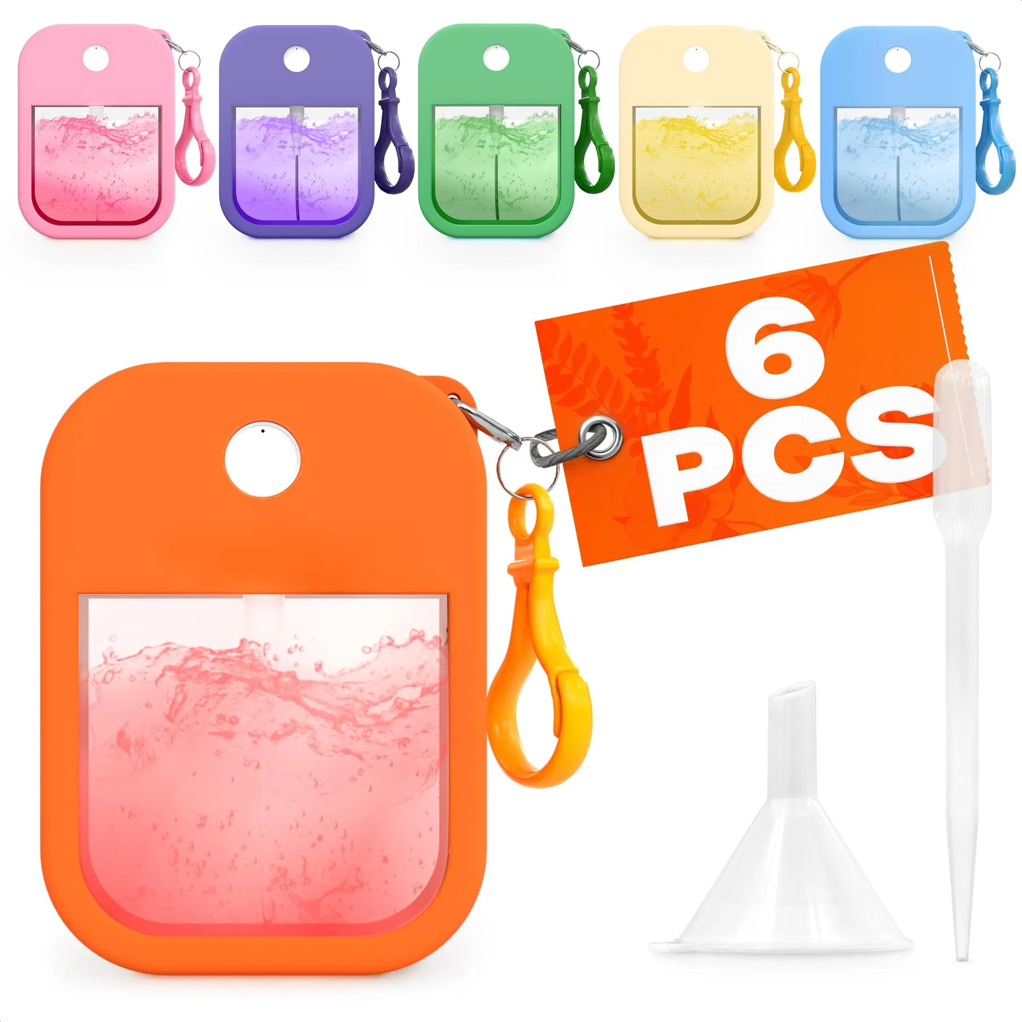6Pcs Perfume Travel Refillable Spray Bottle 1.28oz - 3.5"x2.2" Card Spray Bottles with Colorful Silicone Case & Keychain, Leakproof, TSA-Compliant, Compact Design for Office, Gym, and Travel Ease