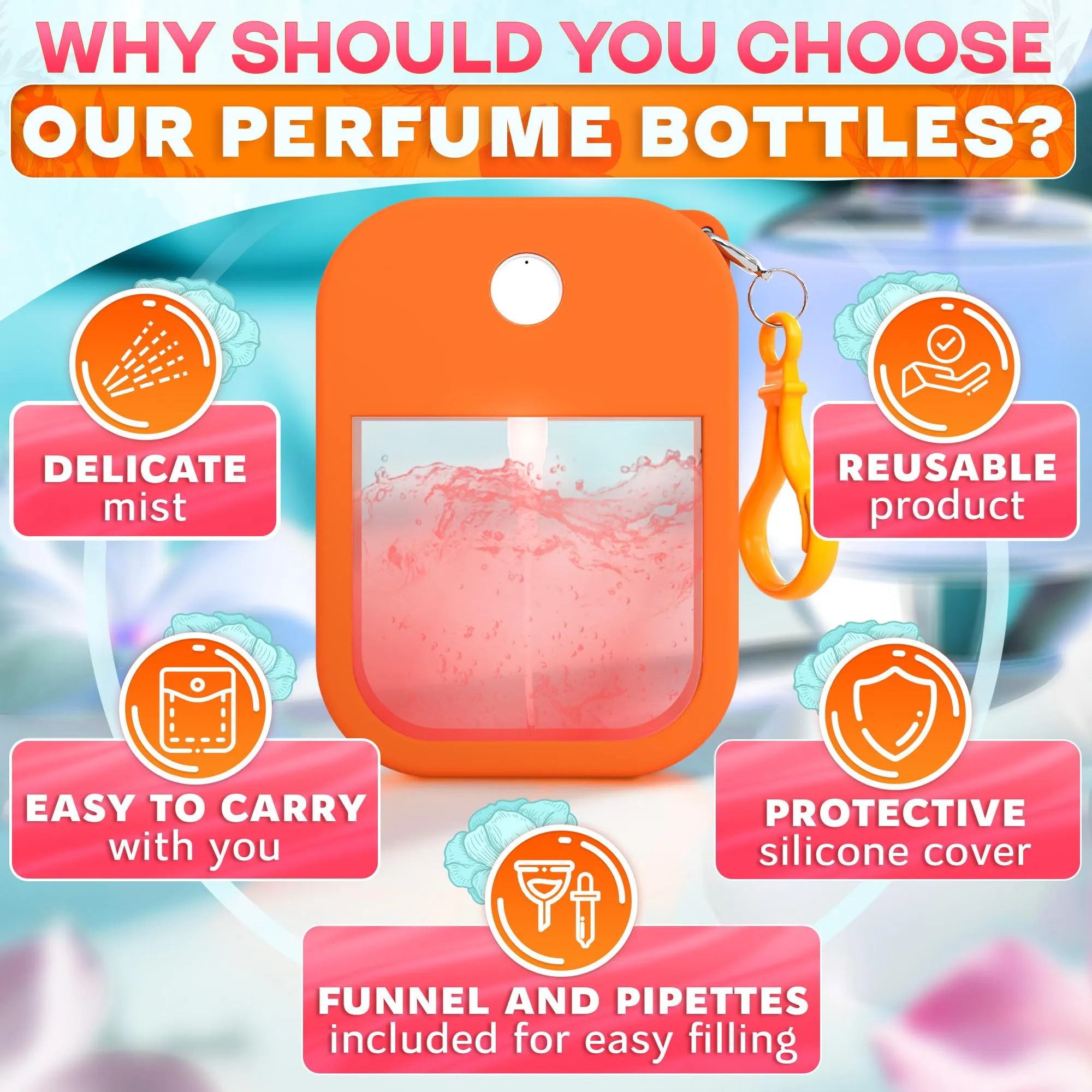6Pcs Perfume Travel Refillable Spray Bottle 1.28oz - 3.5"x2.2" Card Spray Bottles with Colorful Silicone Case & Keychain, Leakproof, TSA-Compliant, Compact Design for Office, Gym, and Travel Ease