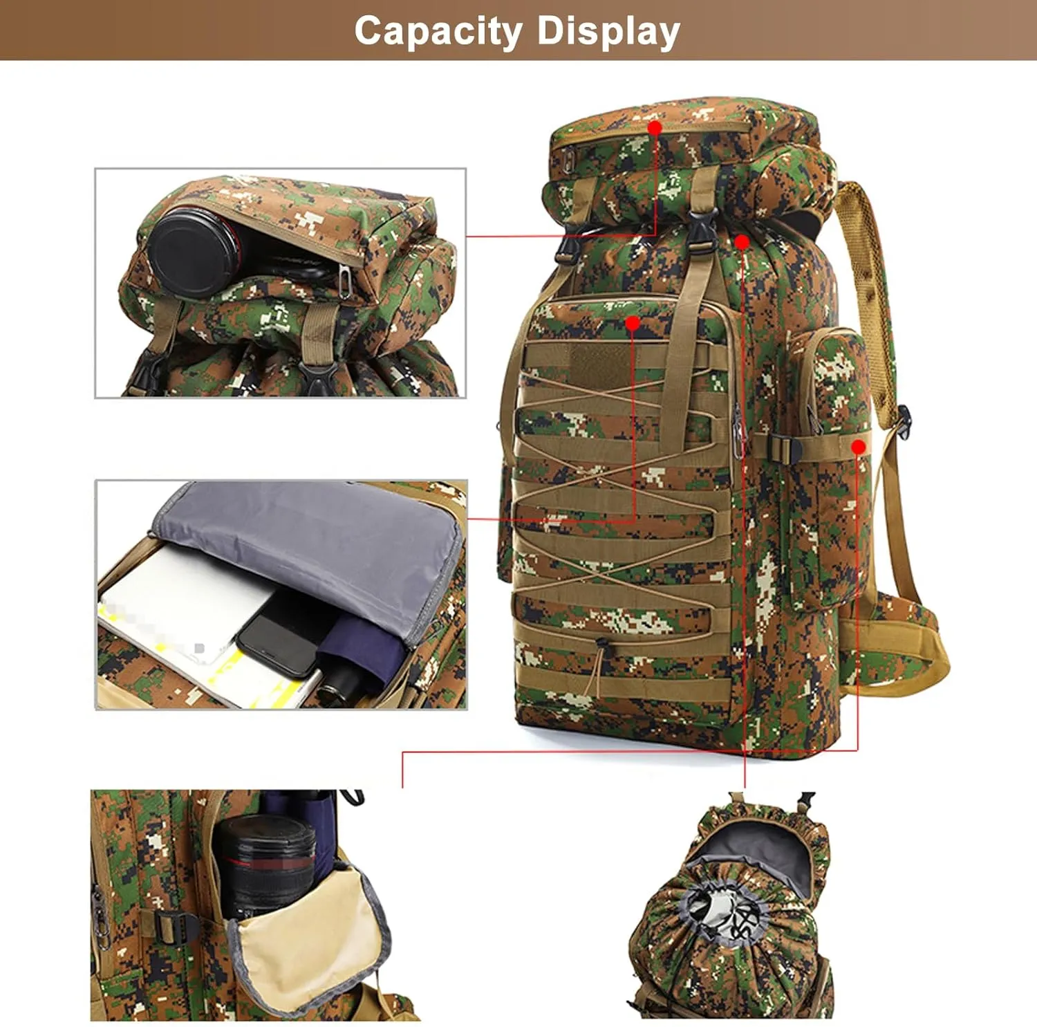 80L Outdoor Camping Backpack for Men Women, Large Capacity Polyester Tactical Rucksack Hiking Travel Duffel Bags (A/Multicolor)