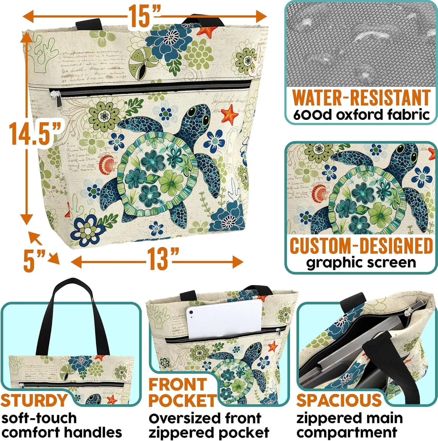 84hoods Aesthetic Tote Bag for Women for Work. Shoulder Bag Turtle Gift for Turtle Lovers with Pockets, Zipper for Laptop.
