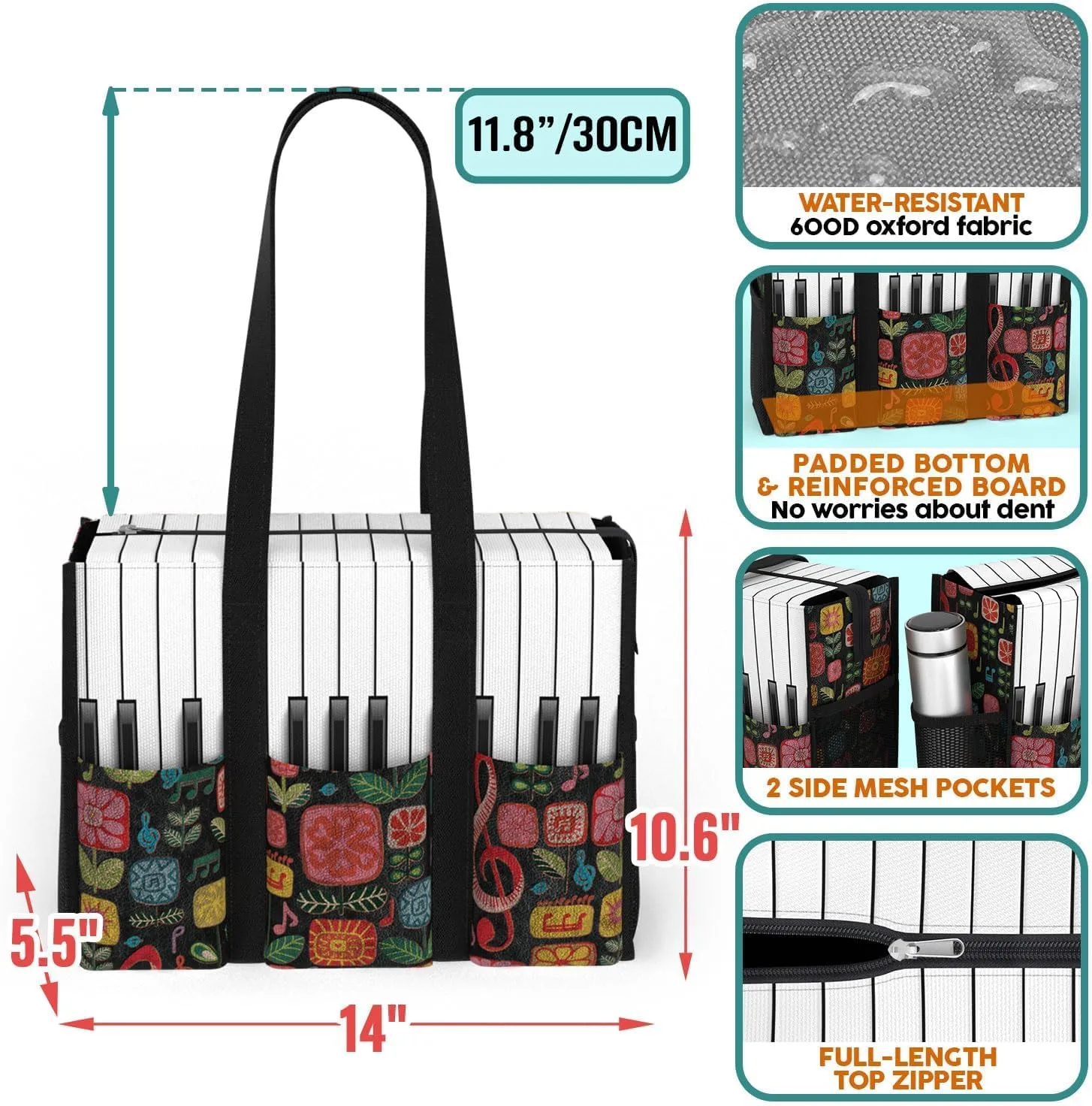 84hoods Large Tote Bag for Women. Bag with Multiple Convenient Pockets and Zipper. Gift for Music Teacher, Piano Lover.
