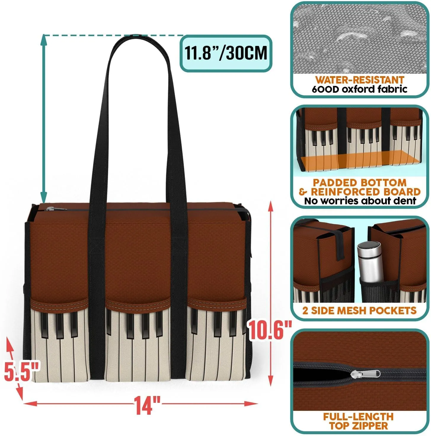 84hoods Large Tote Bag for Women. Bag with Multiple Convenient Pockets and Zipper. Gift for Music Teacher, Piano Lover.