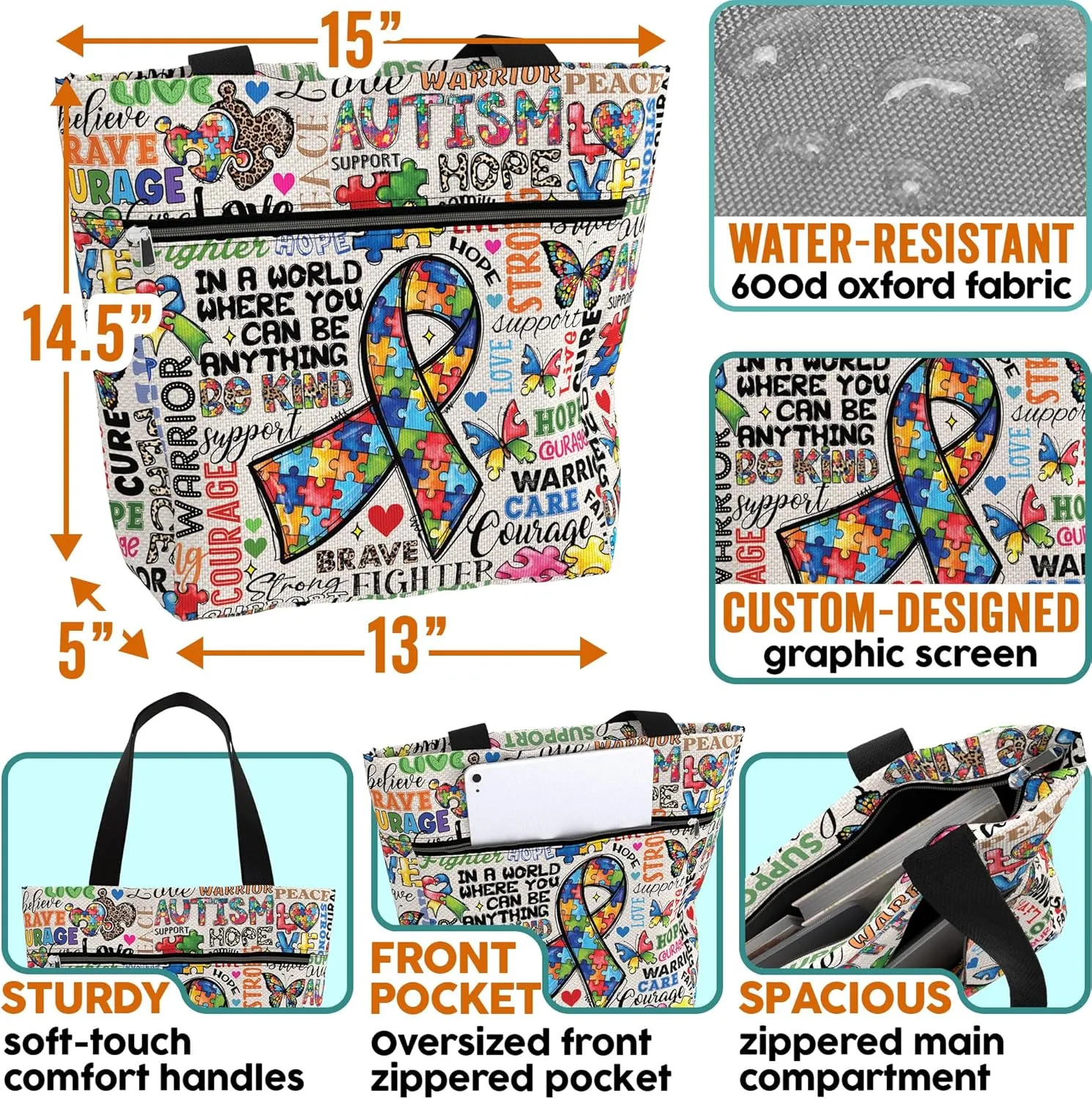 84hoods Large Tote Bag for Women for Work. Autism Awareness Ribbon Gift. Aesthetic Shoulder Bag with Pockets and Zipper.
