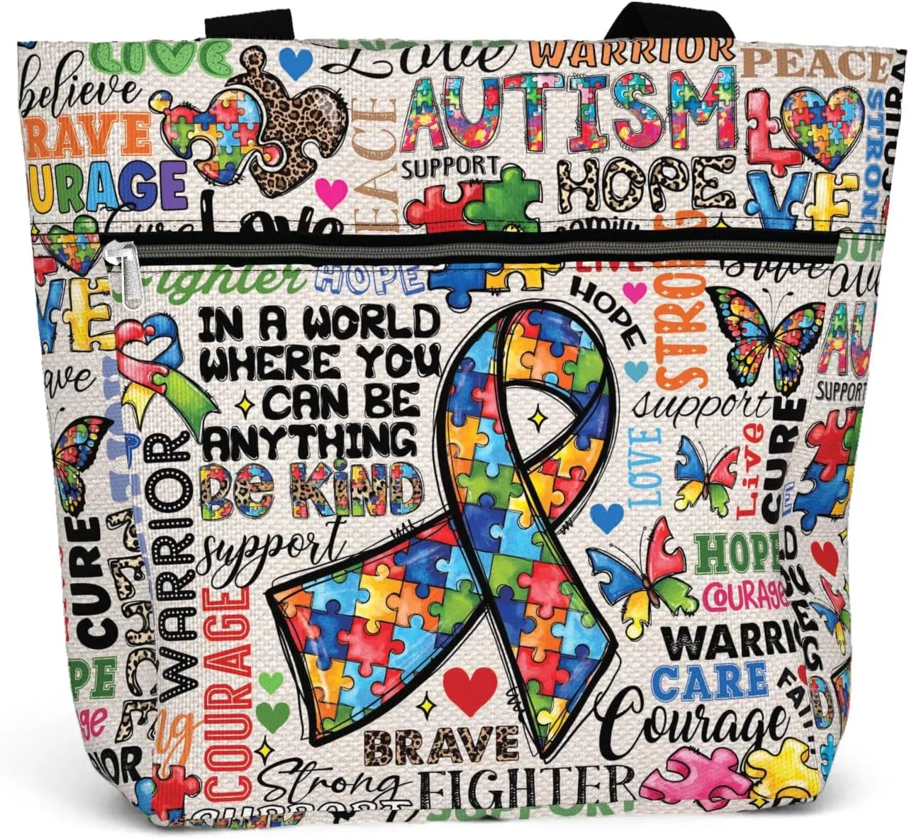 84hoods Large Tote Bag for Women for Work. Autism Awareness Ribbon Gift. Aesthetic Shoulder Bag with Pockets and Zipper.