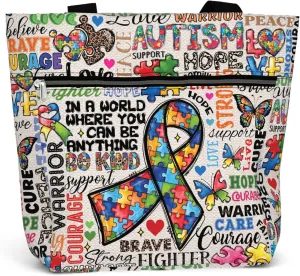 84hoods Large Tote Bag for Women for Work. Autism Awareness Ribbon Gift. Aesthetic Shoulder Bag with Pockets and Zipper.