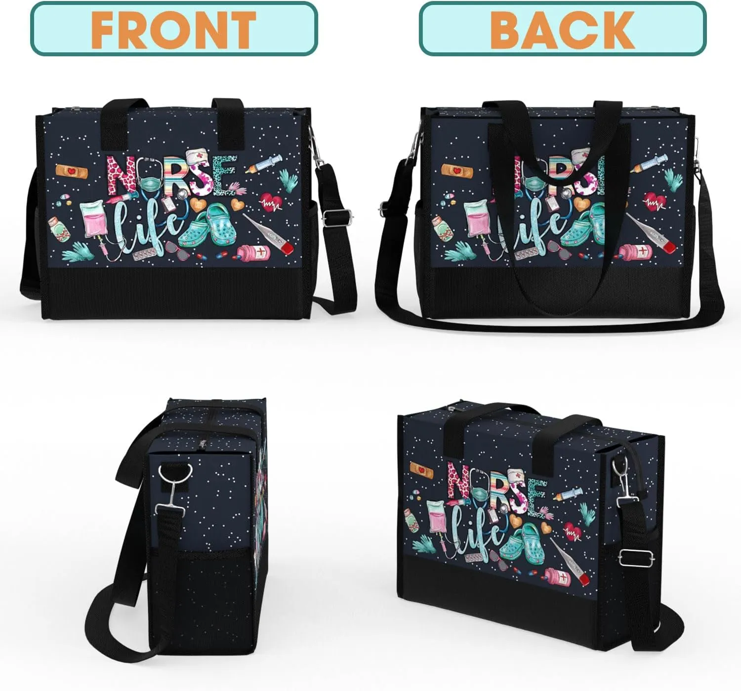 84hoods Large Tote Bag for Women. Gift for Nurse. Waterproof Bag with Pockets and Zipper for Travel, Work, Grocery.