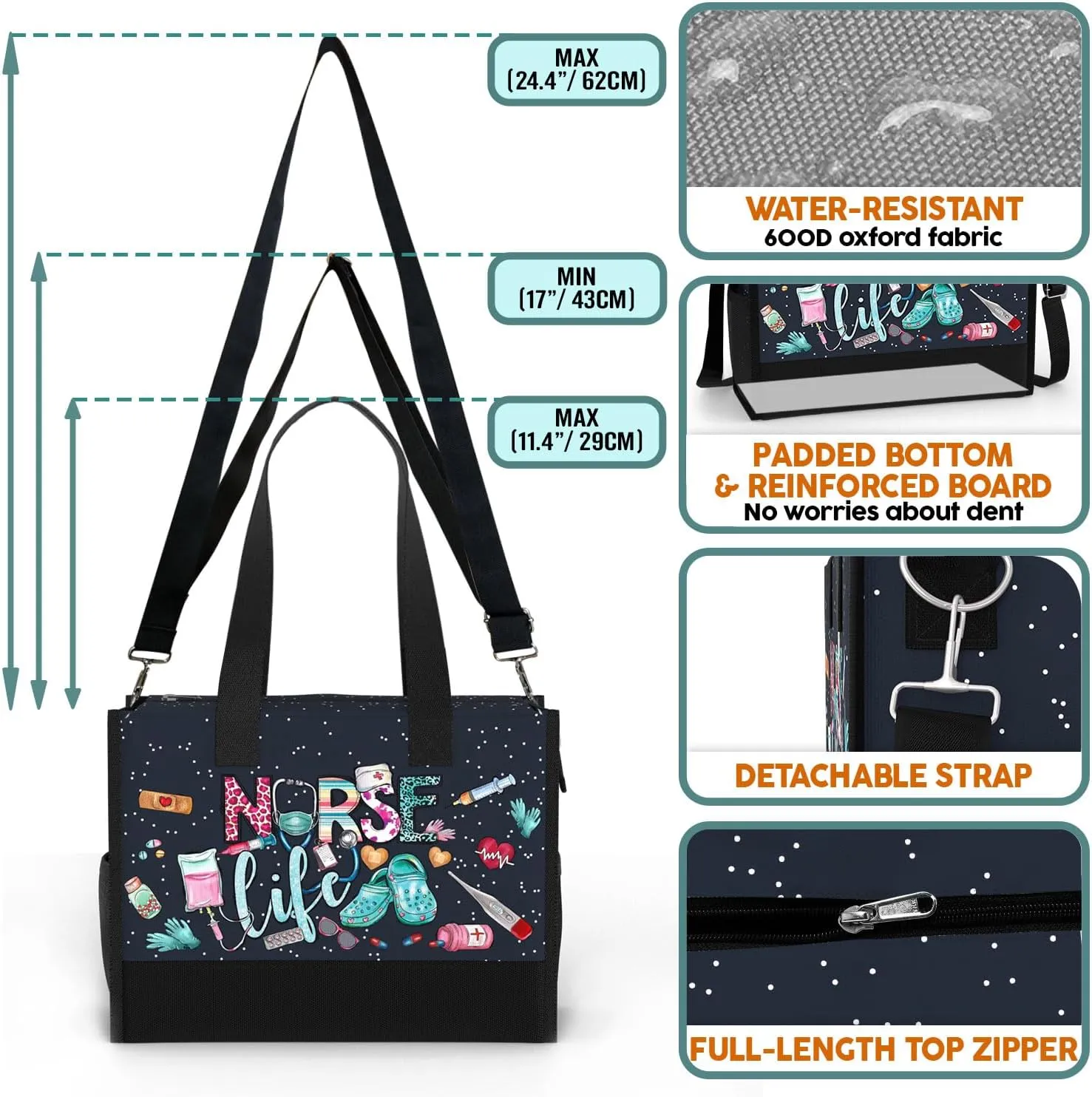 84hoods Large Tote Bag for Women. Gift for Nurse. Waterproof Bag with Pockets and Zipper for Travel, Work, Grocery.