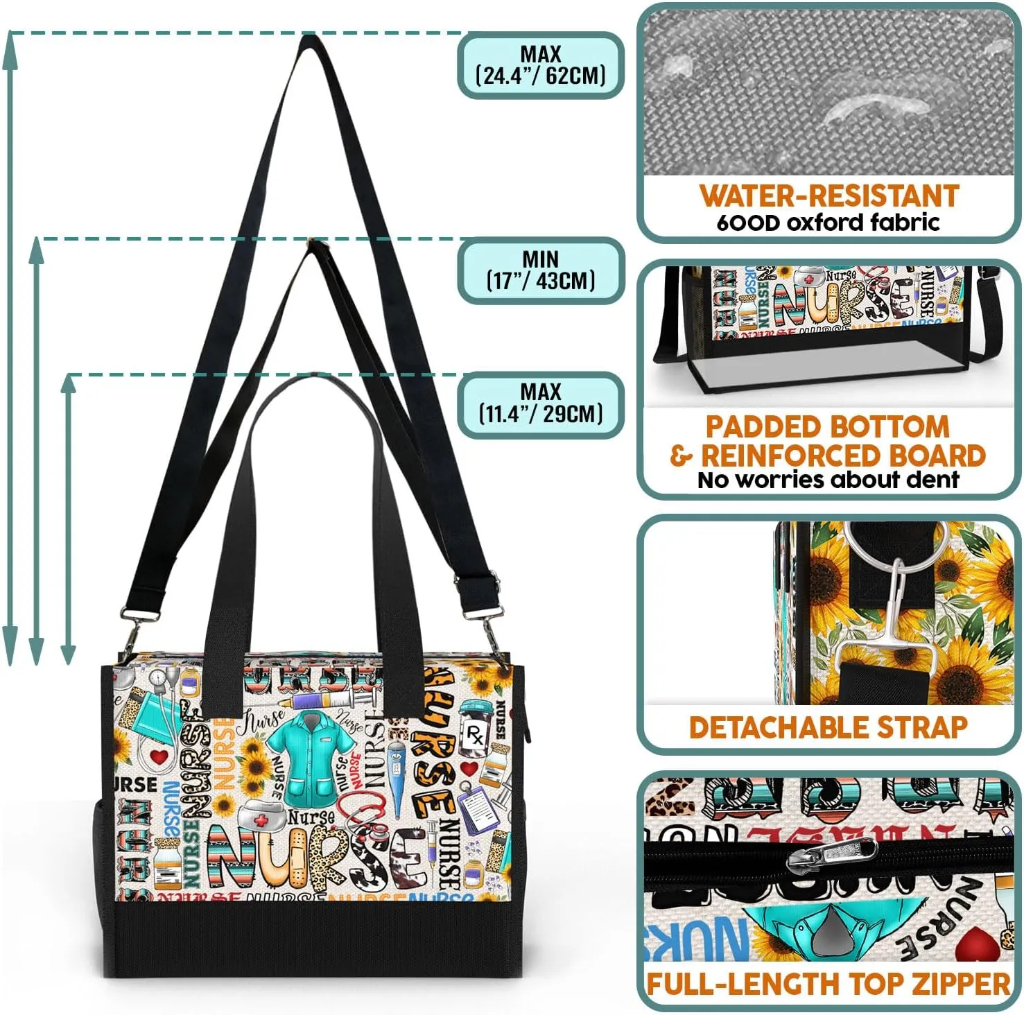 84hoods Large Tote Bag for Women. Gift for Nurse. Waterproof Bag with Pockets and Zipper for Travel, Work, Grocery.