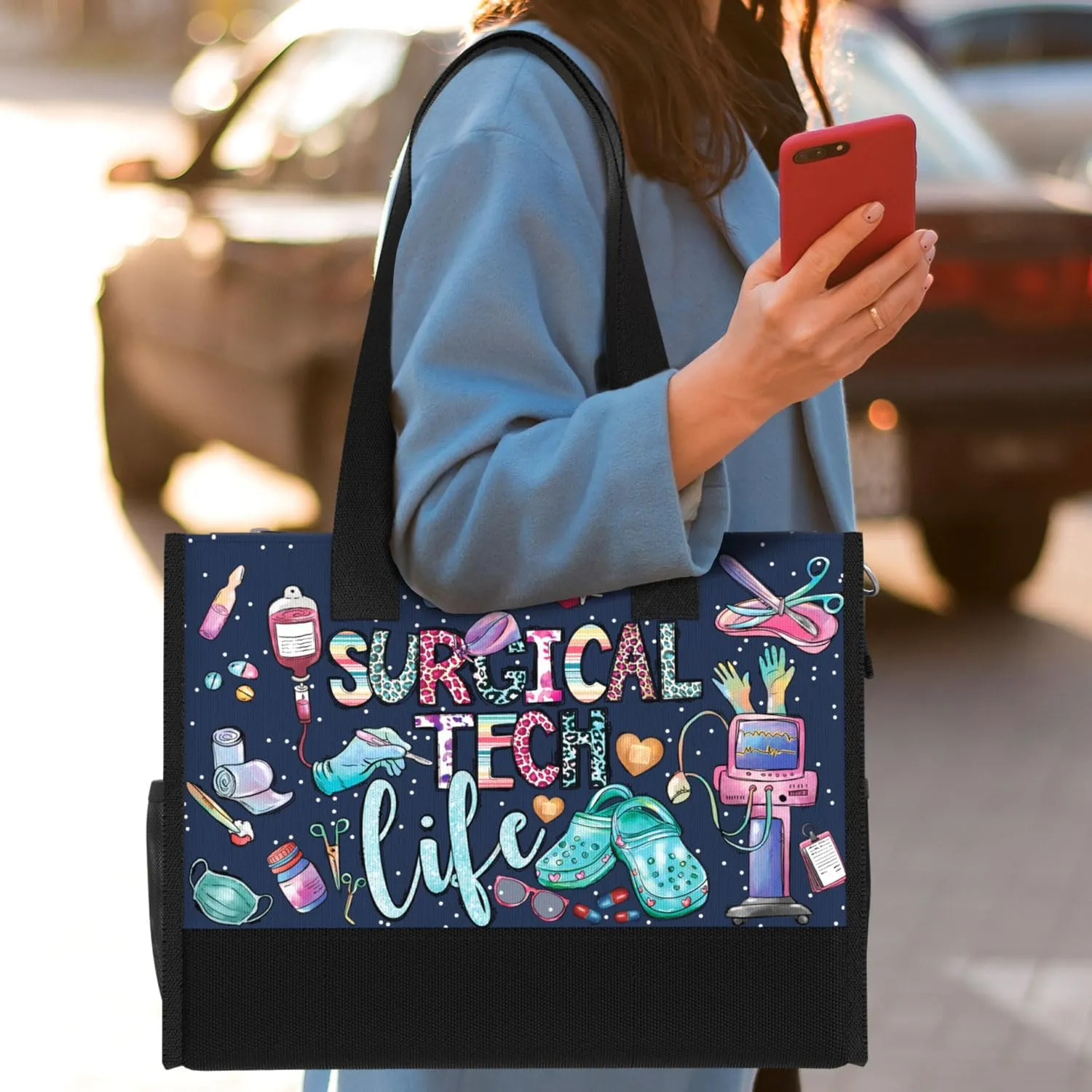 84hoods Large Tote Bag for Women. Gift for Nurse. Waterproof Bag with Pockets and Zipper for Travel, Work, Grocery.