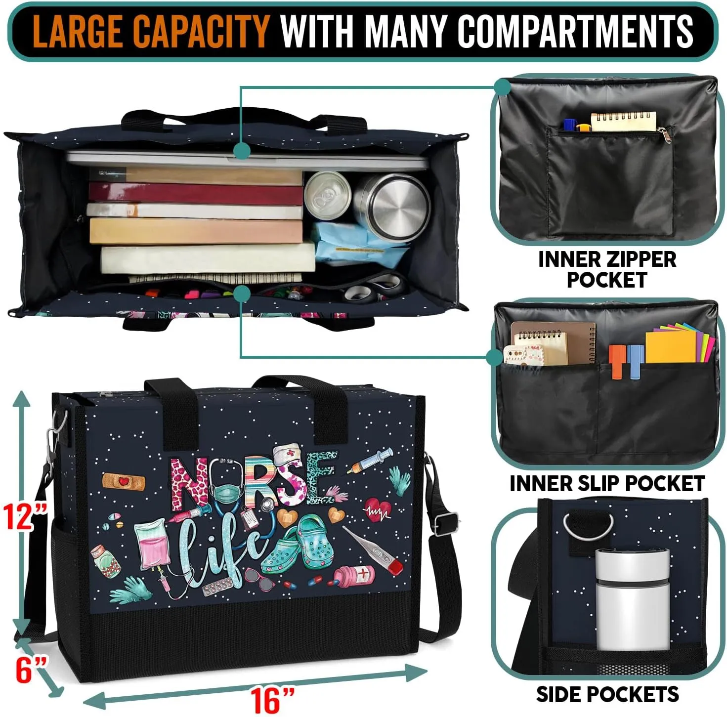 84hoods Large Tote Bag for Women. Gift for Nurse. Waterproof Bag with Pockets and Zipper for Travel, Work, Grocery.