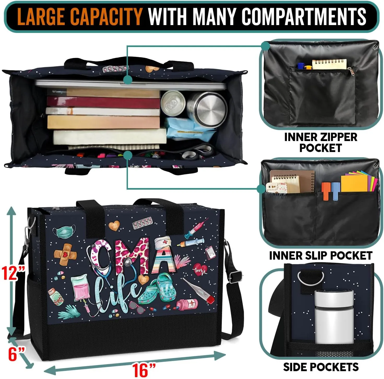 84hoods Large Tote Bag for Women. Gift for Nurse. Waterproof Bag with Pockets and Zipper for Travel, Work, Grocery.