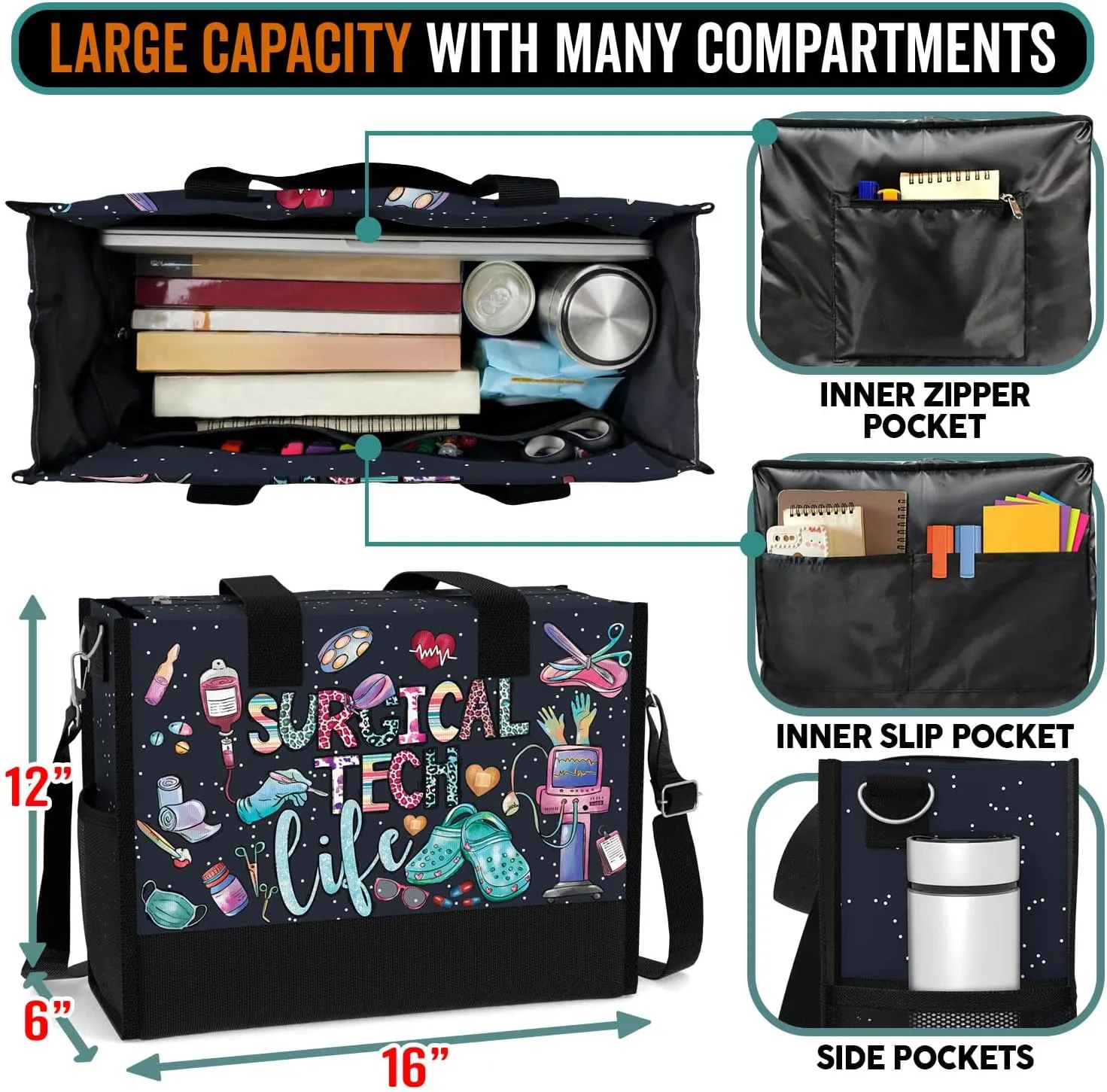 84hoods Large Tote Bag for Women. Gift for Nurse. Waterproof Bag with Pockets and Zipper for Travel, Work, Grocery.