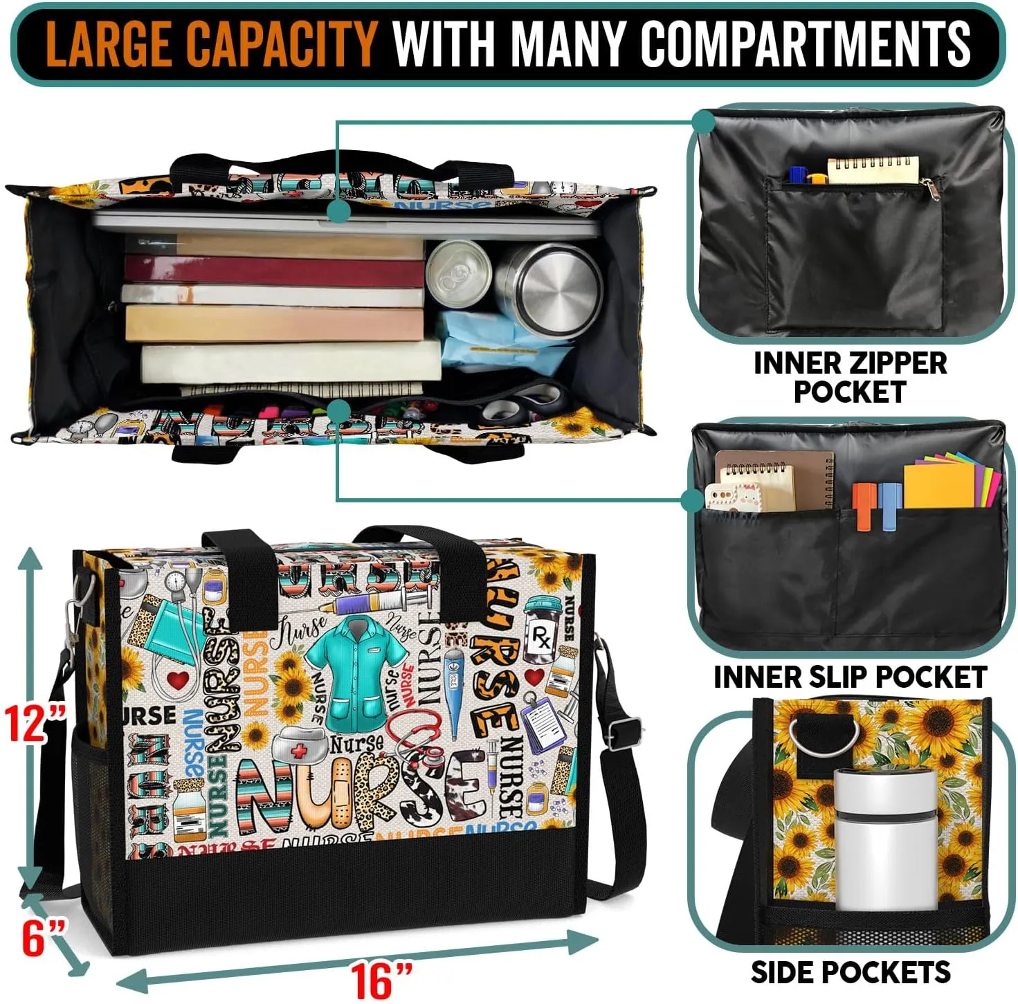 84hoods Large Tote Bag for Women. Gift for Nurse. Waterproof Bag with Pockets and Zipper for Travel, Work, Grocery.