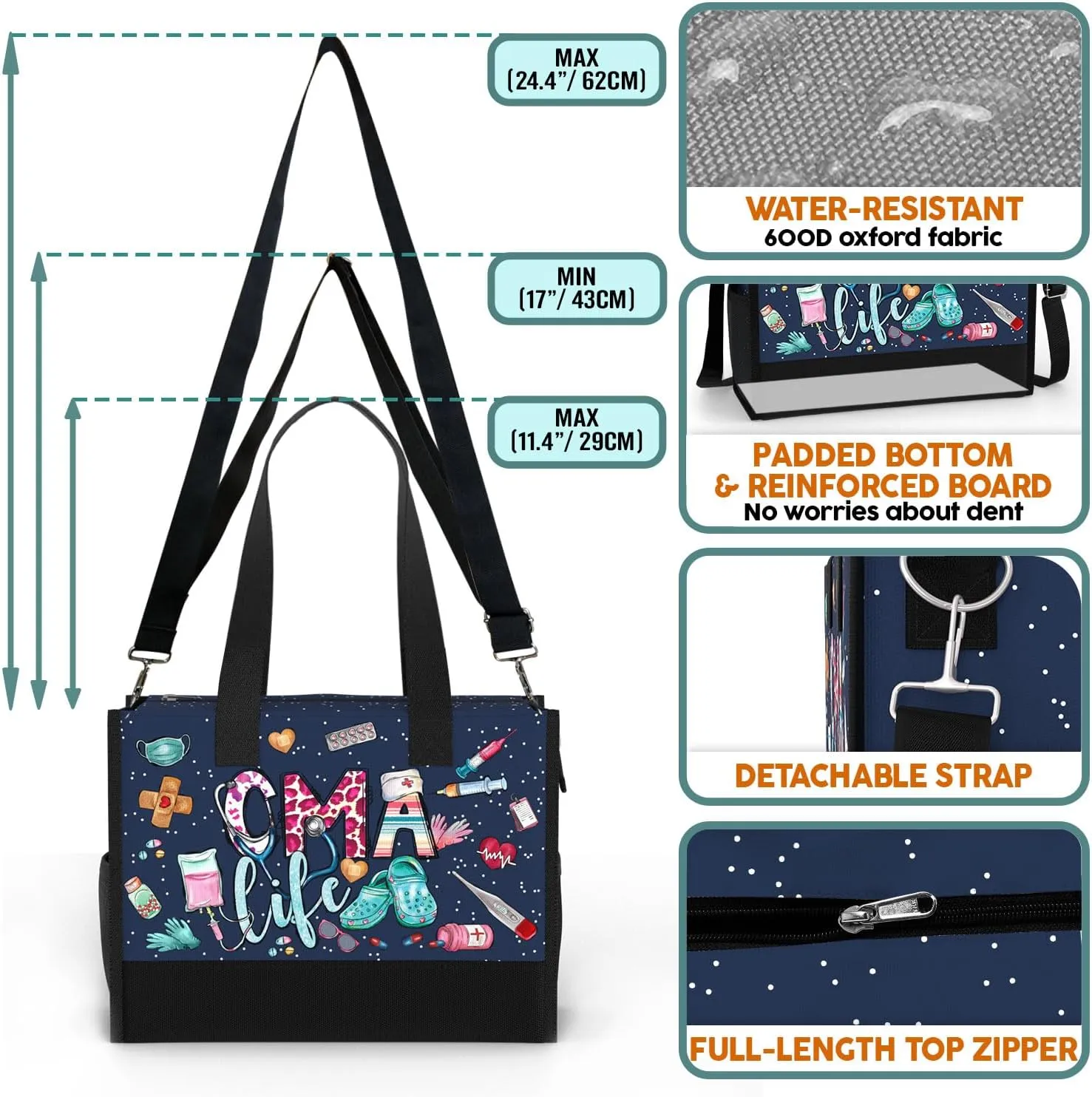 84hoods Large Tote Bag for Women. Gift for Nurse. Waterproof Bag with Pockets and Zipper for Travel, Work, Grocery.