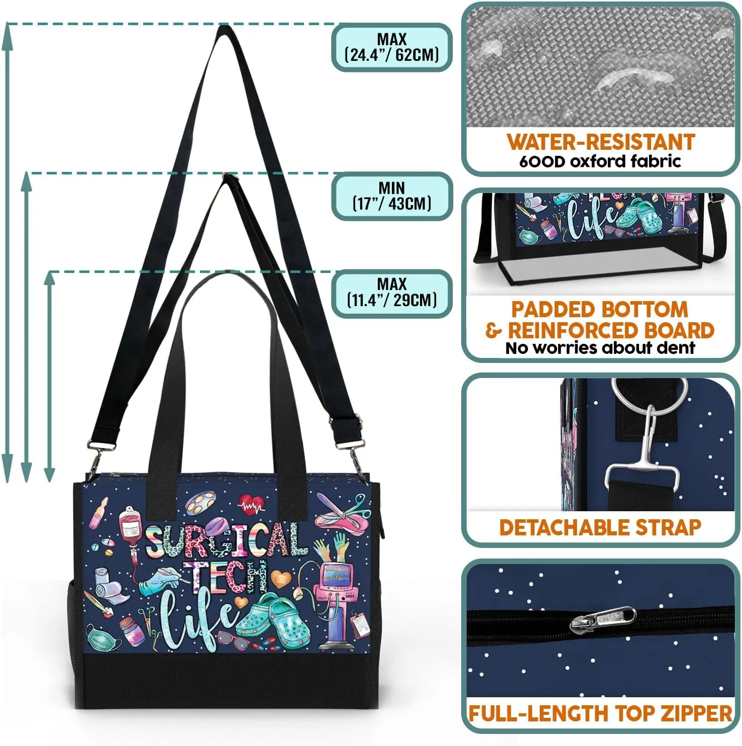 84hoods Large Tote Bag for Women. Gift for Nurse. Waterproof Bag with Pockets and Zipper for Travel, Work, Grocery.