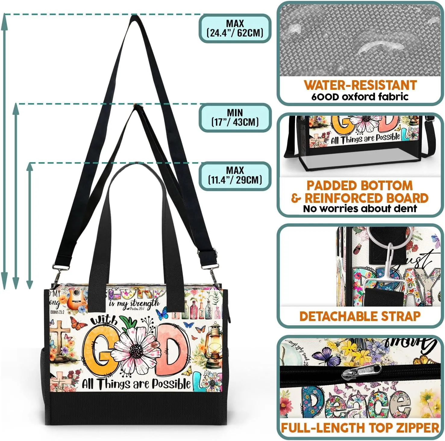 84hoods Large Tote Bag for Women with Pockets and Zipper for Travel, Work, Grocery. Christian Faith Religious Gift.