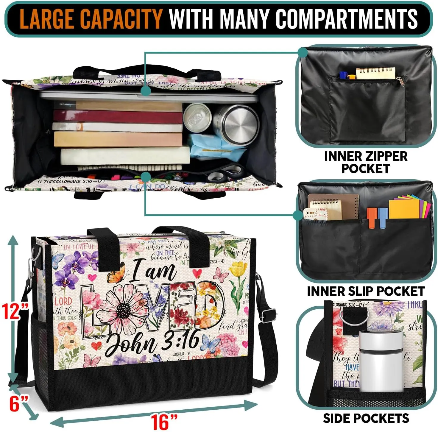 84hoods Large Tote Bag for Women with Pockets and Zipper for Travel, Work, Grocery. Christian Faith Religious Gift.