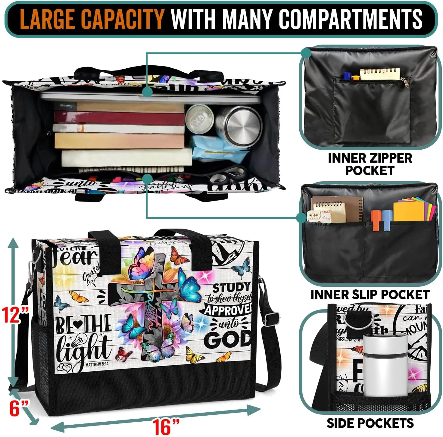 84hoods Large Tote Bag for Women with Pockets and Zipper for Travel, Work, Grocery. Christian Faith Religious Gift.