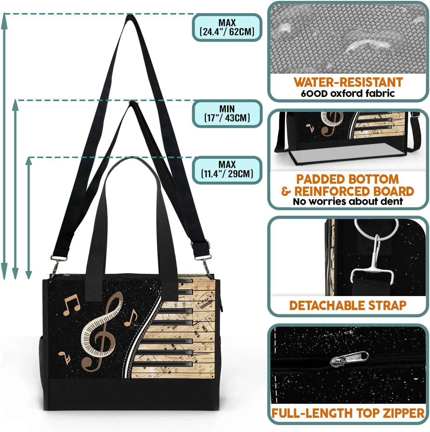 84hoods Large Tote Bag for Women with Pockets and Zipper. Gift for Music Teachers and Piano Lovers.