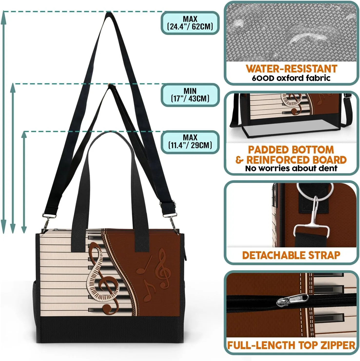 84hoods Large Tote Bag for Women with Pockets and Zipper. Gift for Music Teachers and Piano Lovers.