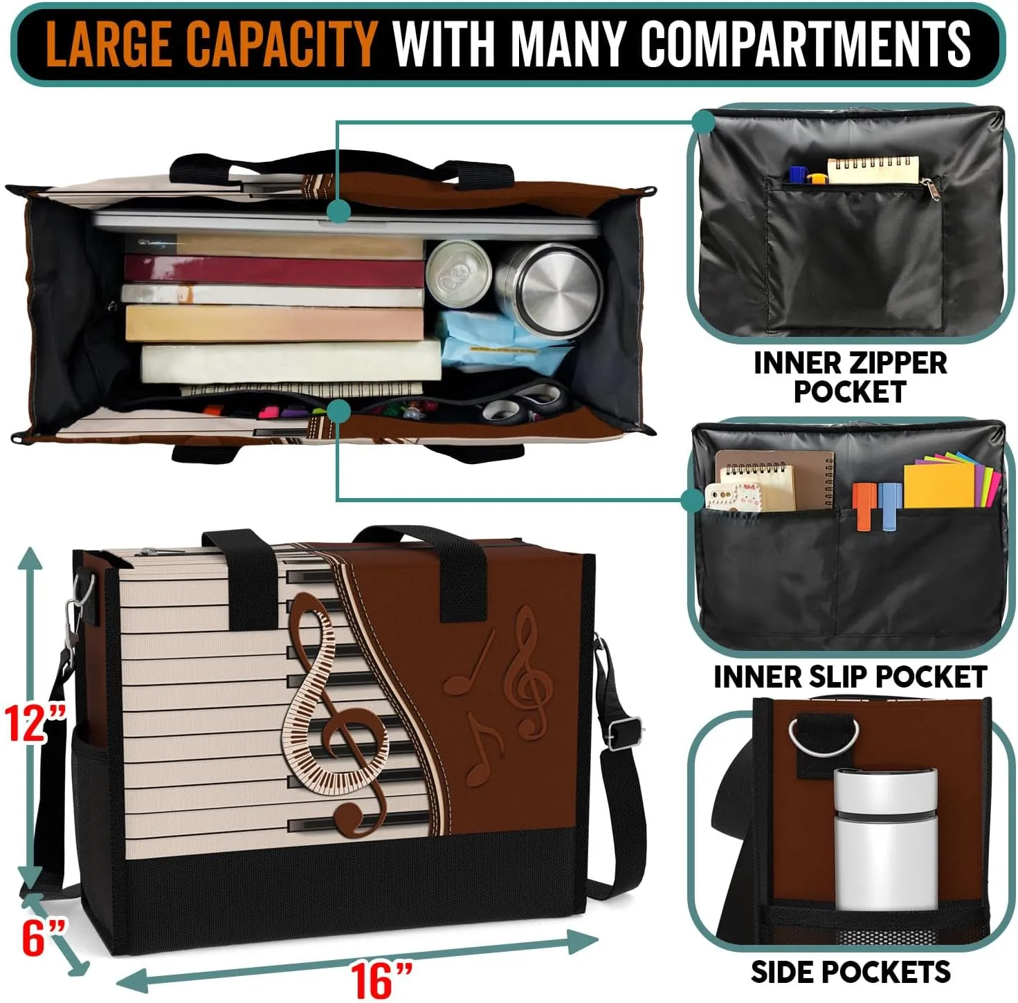 84hoods Large Tote Bag for Women with Pockets and Zipper. Gift for Music Teachers and Piano Lovers.