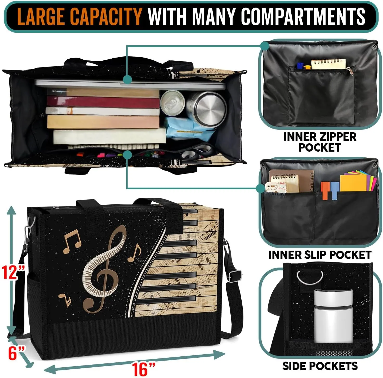 84hoods Large Tote Bag for Women with Pockets and Zipper. Gift for Music Teachers and Piano Lovers.