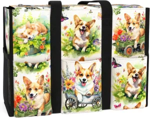 84hoods Multi-Pocket Tote Bag for Women. Bag with Multiple Convenient Pockets and Zipper. Gift for Corgi Lovers and Owners.
