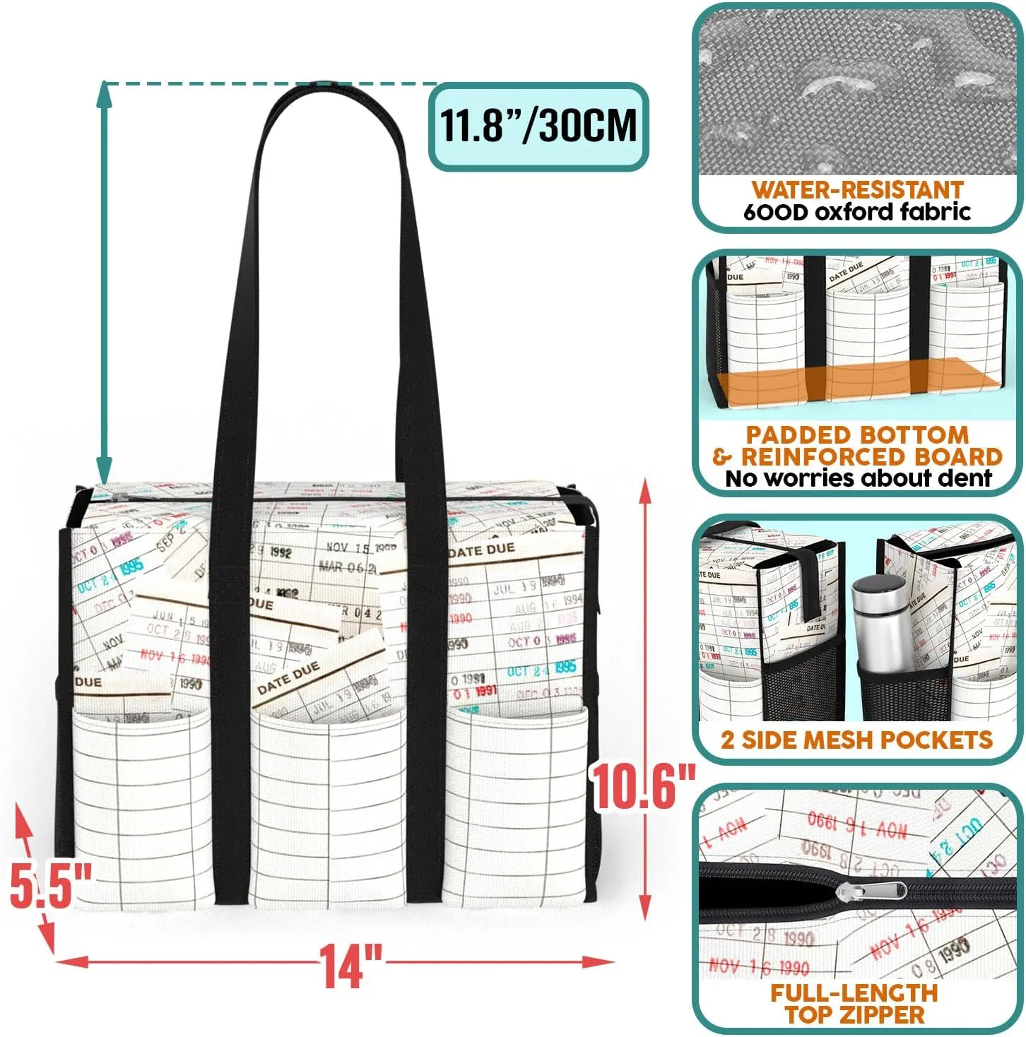 84hoods Multi-Pocket Waterproof Tote Bag with Multiple Convenient Pockets and Zipper. Gift for Women Book Lover, Librarian.