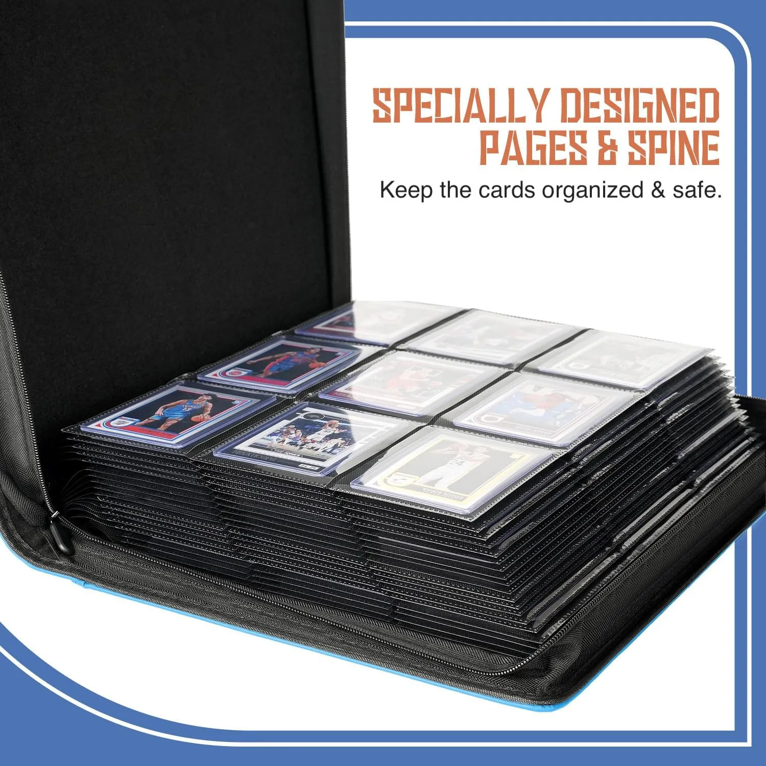9-Pocket Toploader Binder, Holds 360 3"x 4" 35PT Rigid Card Holders, Protective and Display Zippered Album with 20 Double Sided Pages for Trading Card and Sport Card - Blue