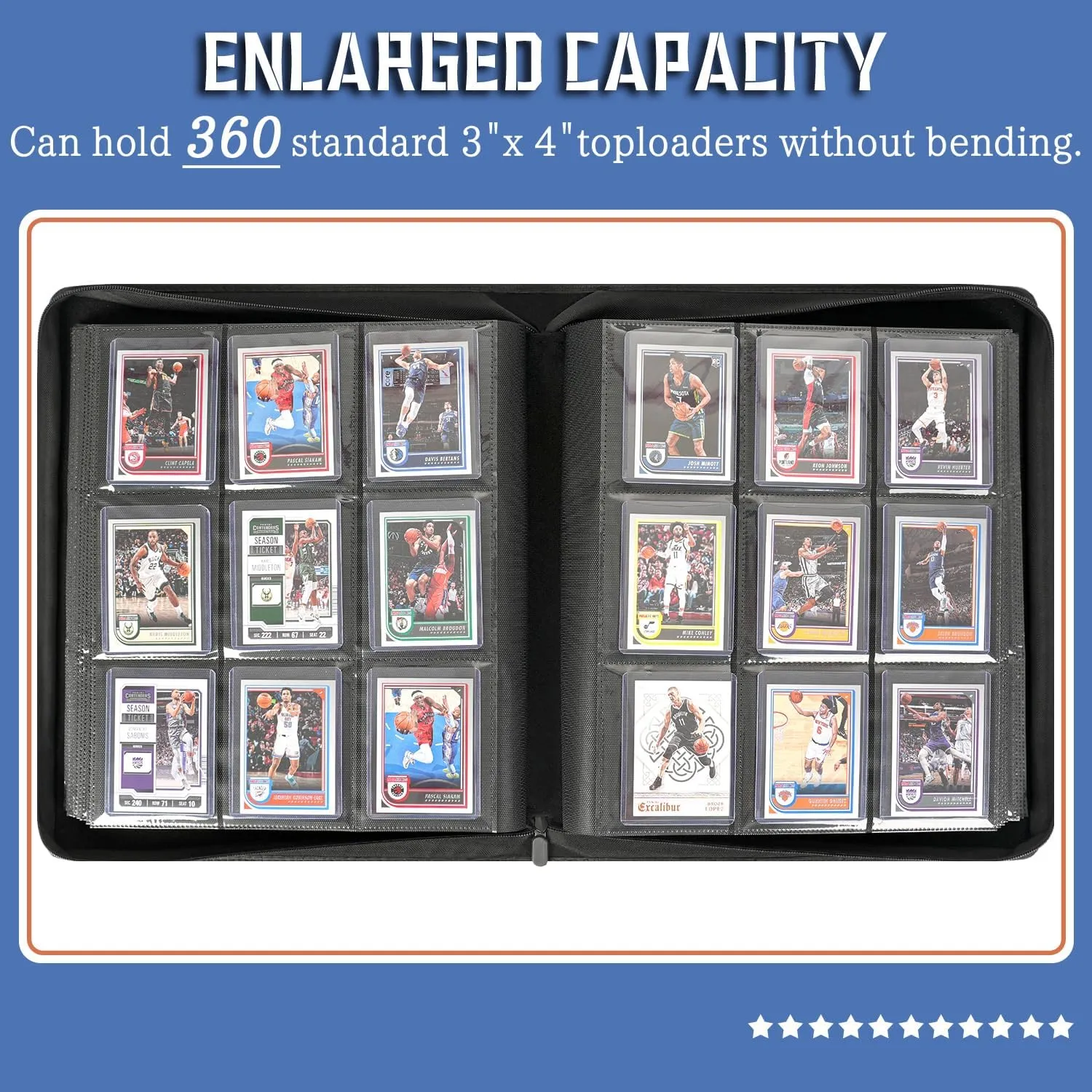 9-Pocket Toploader Binder, Holds 360 3"x 4" 35PT Rigid Card Holders, Protective and Display Zippered Album with 20 Double Sided Pages for Trading Card and Sport Card - Blue